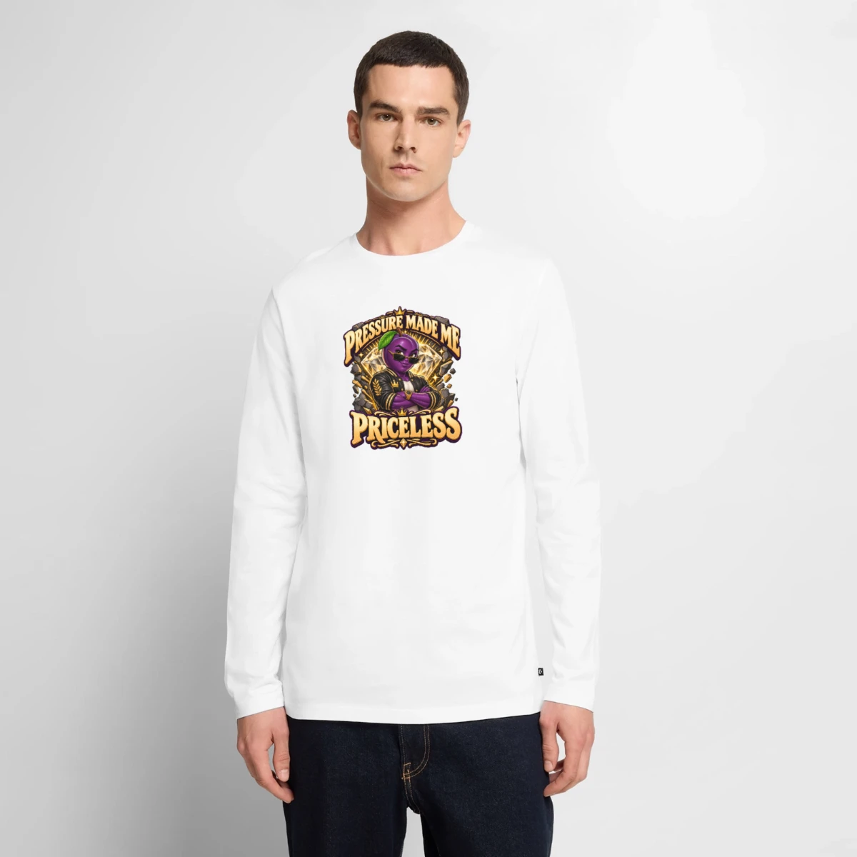 Men's Premium Organic Long Sleeve Shirt featuring Pressure Made Me Priceless – Motivational Plum