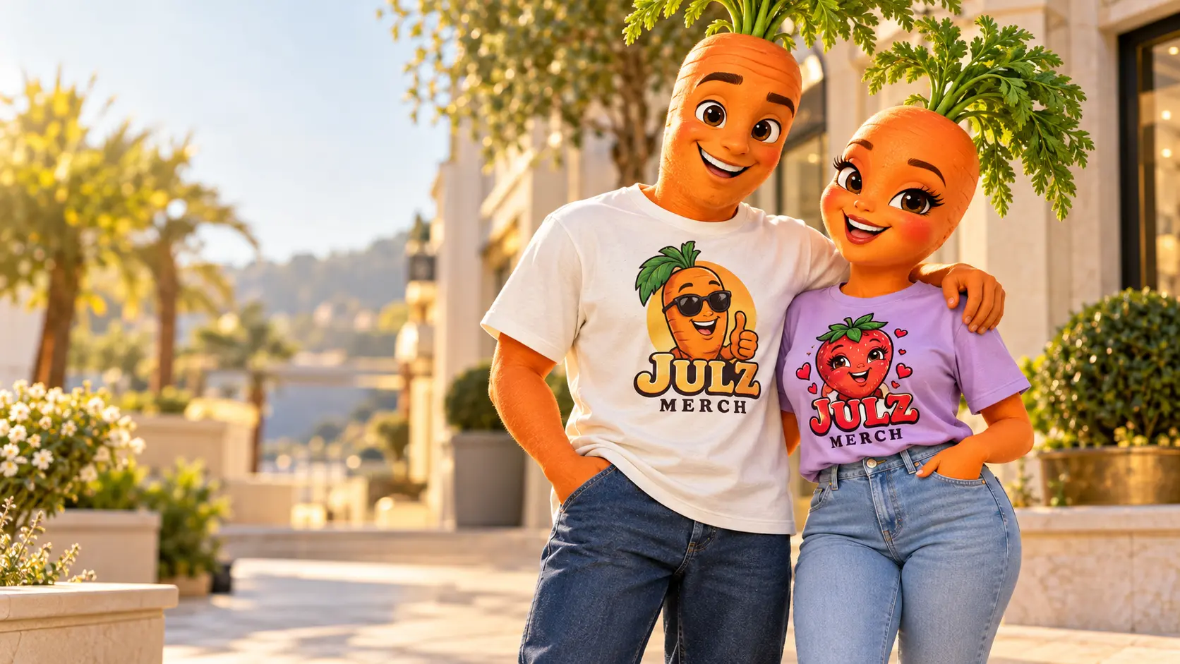Julz Merch fruit characters wearing original merchandise