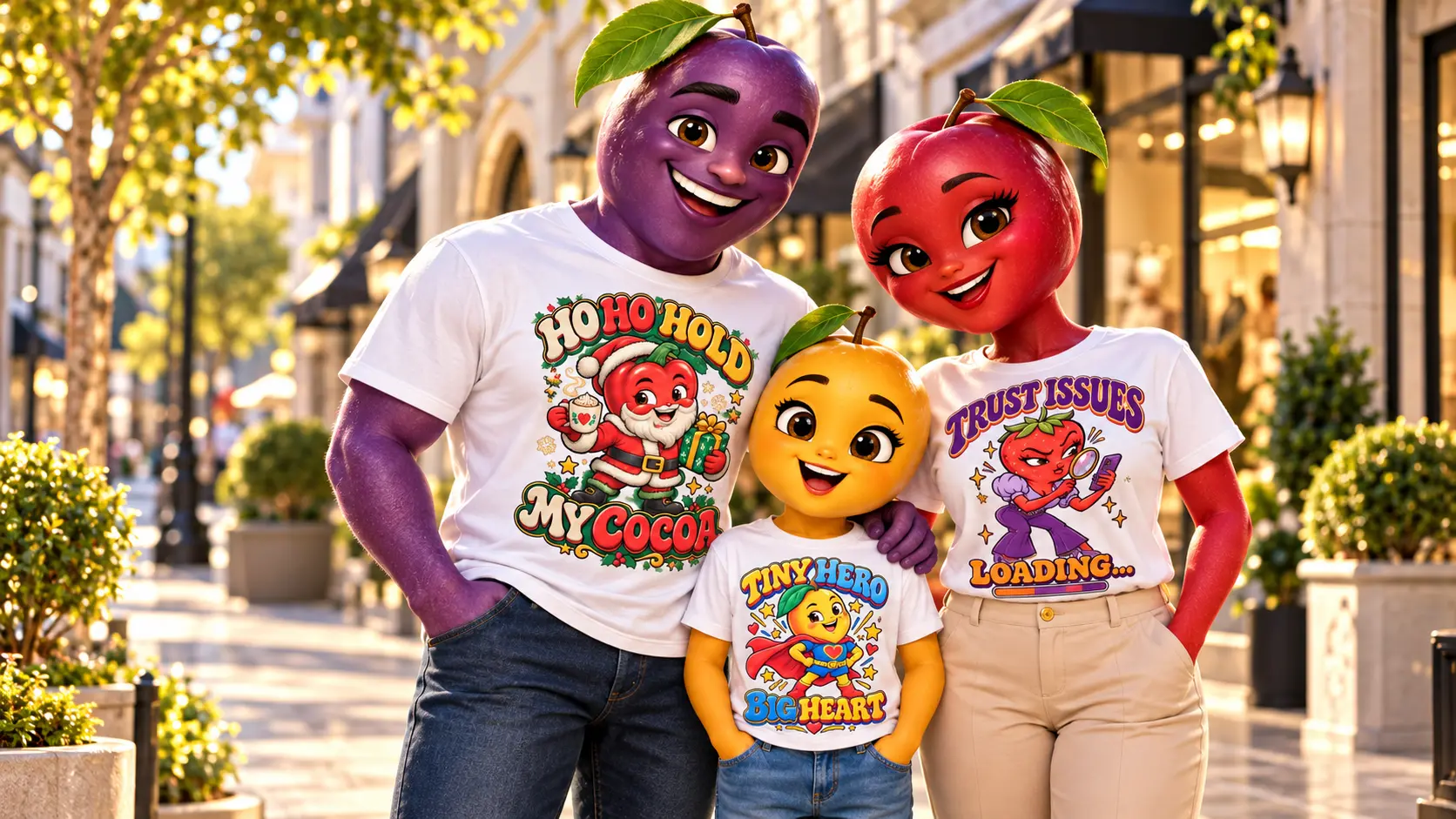 A man, woman and child wearing Julz Merch designs